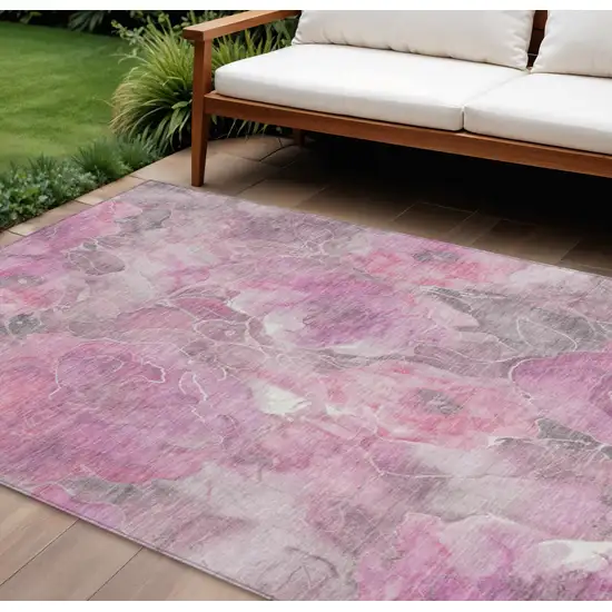 Pink And Gray Floral Washable Indoor Outdoor Area Rug Photo 2