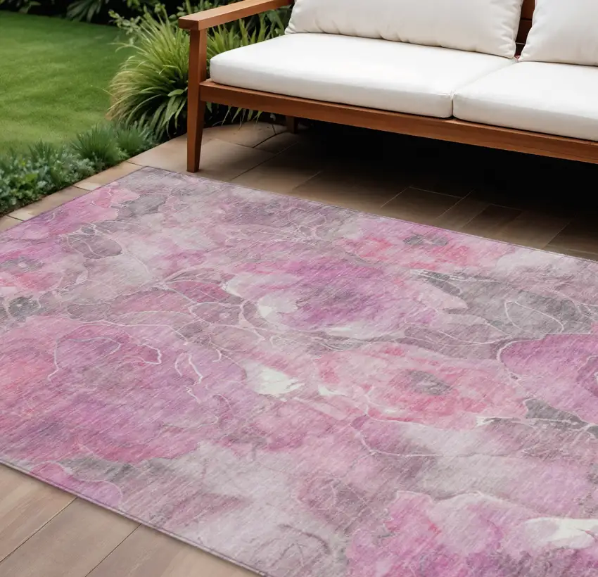 Pink And Gray Floral Washable Indoor Outdoor Area Rug Photo 2