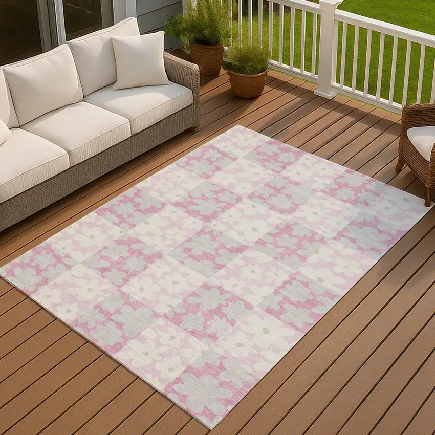 Pink And Gray Floral Washable Indoor Outdoor Area Rug Photo 7