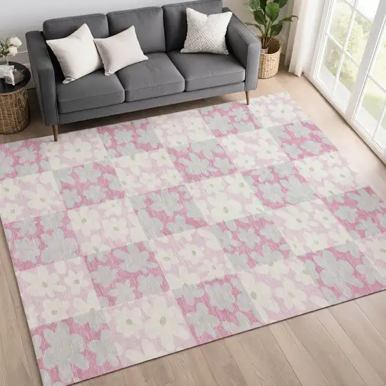 Pink And Gray Floral Washable Indoor Outdoor Area Rug Photo 6
