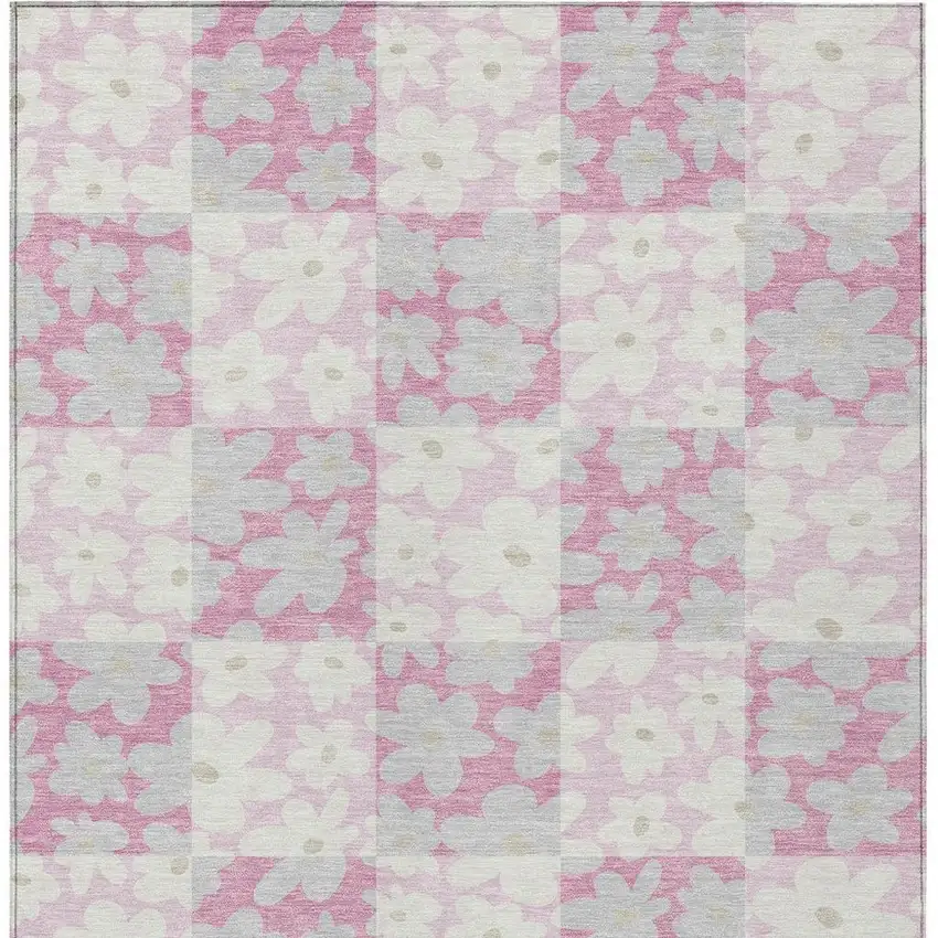 Pink And Gray Floral Washable Indoor Outdoor Area Rug Photo 3