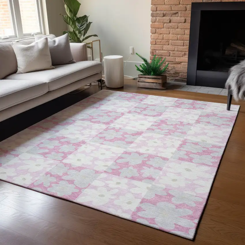 Pink And Gray Floral Washable Indoor Outdoor Area Rug Photo 5