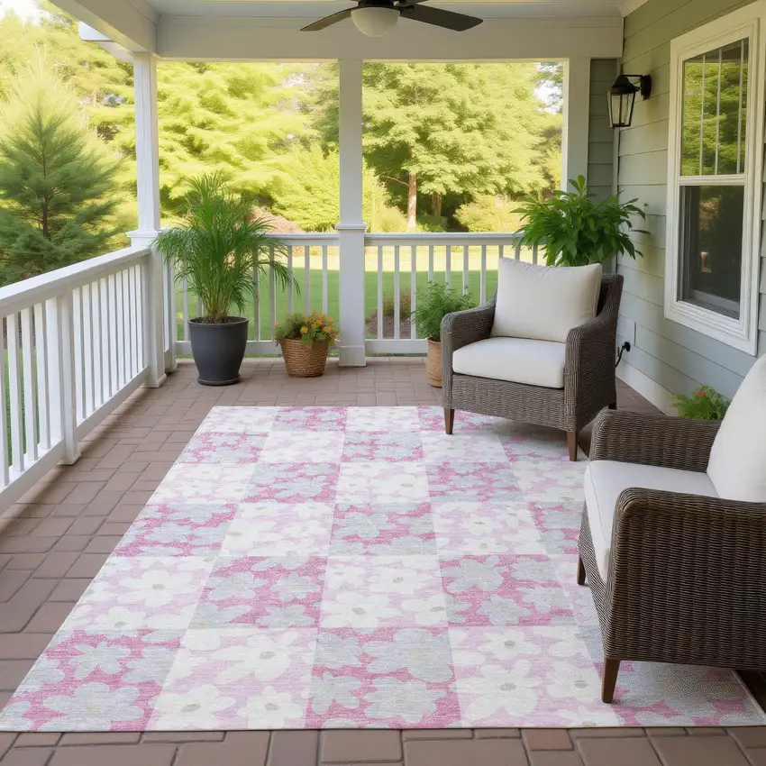 Pink And Gray Floral Washable Indoor Outdoor Area Rug Photo 4