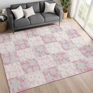 Photo of Pink And Gray Floral Washable Indoor Outdoor Area Rug