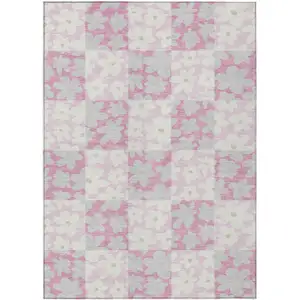 Photo of Pink And Gray Floral Washable Indoor Outdoor Area Rug