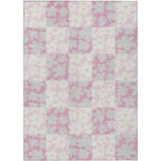 Pink And Gray Floral Washable Indoor Outdoor Area Rug Photo 1