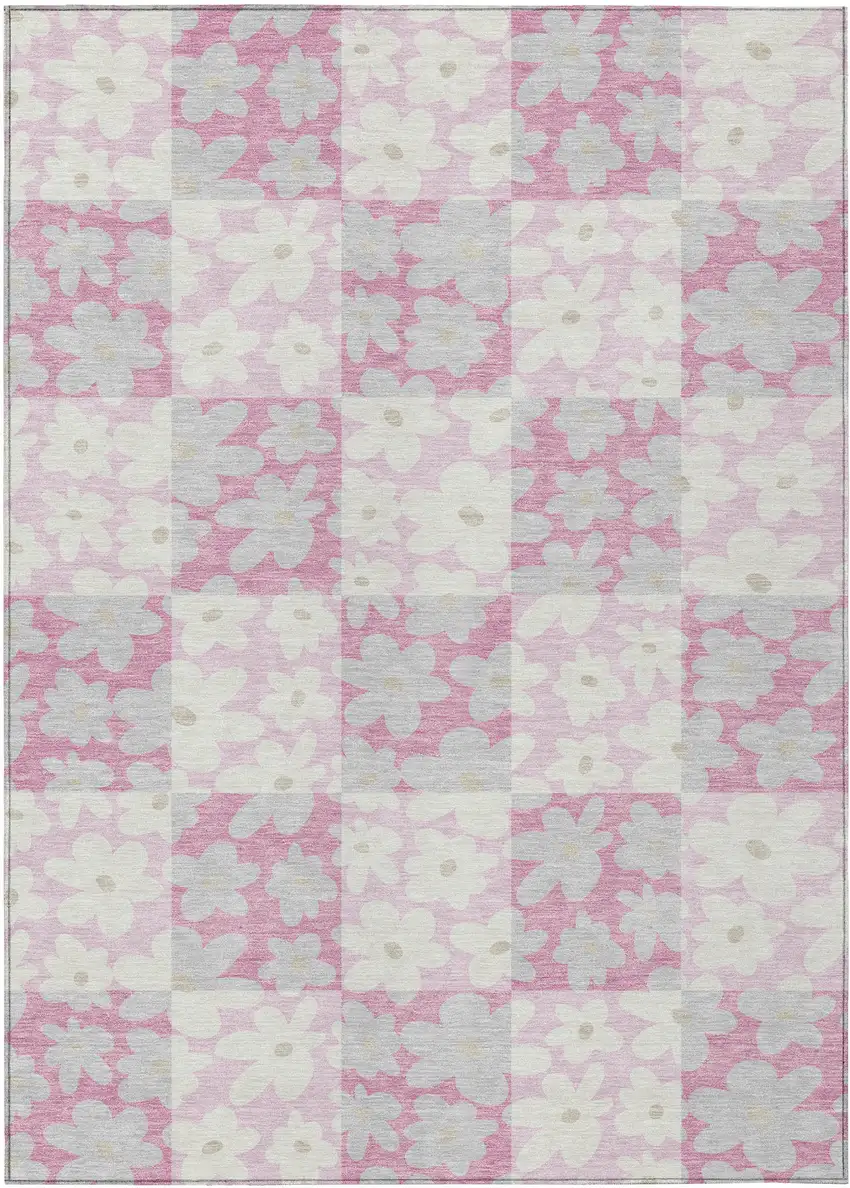 Pink And Gray Floral Washable Indoor Outdoor Area Rug Photo 1