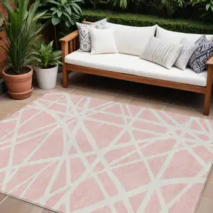 Photo of Pink And Gray Geometric Washable Indoor Outdoor Area Rug