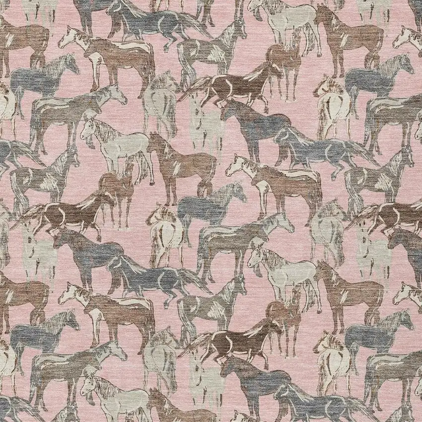 Pink And Gray Horse Washable Indoor Outdoor Area Rug Photo 3