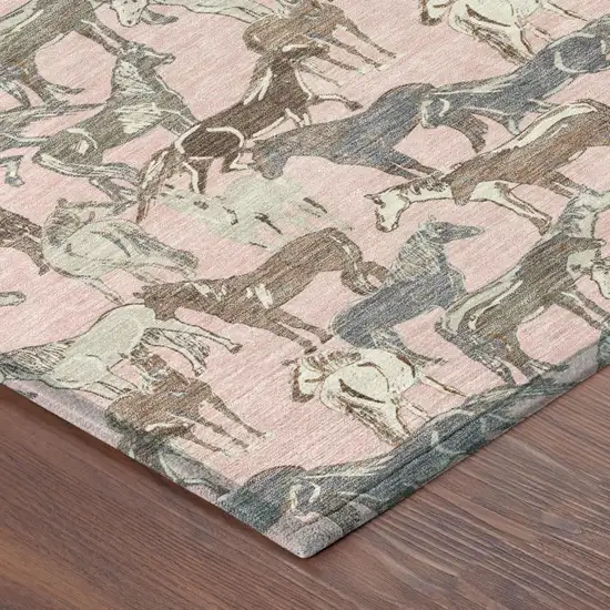 Pink And Gray Horse Washable Indoor Outdoor Area Rug Photo 5