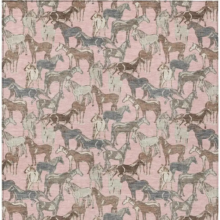 Pink And Gray Horse Washable Indoor Outdoor Area Rug Photo 4
