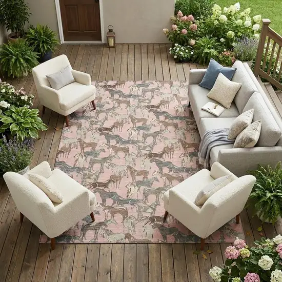 Pink And Gray Horse Washable Indoor Outdoor Area Rug Photo 1