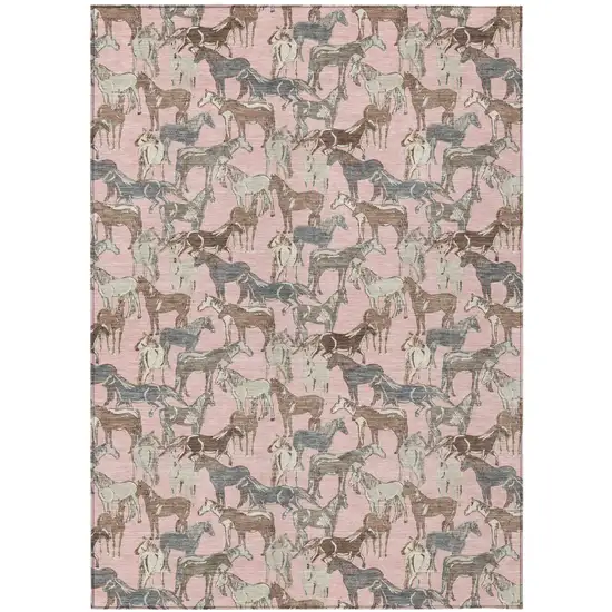 Pink And Gray Horse Washable Indoor Outdoor Area Rug Photo 2
