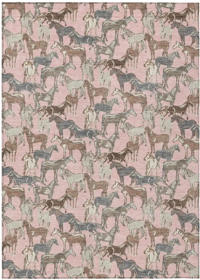 Pink And Gray Horse Washable Indoor Outdoor Area Rug Photo 2