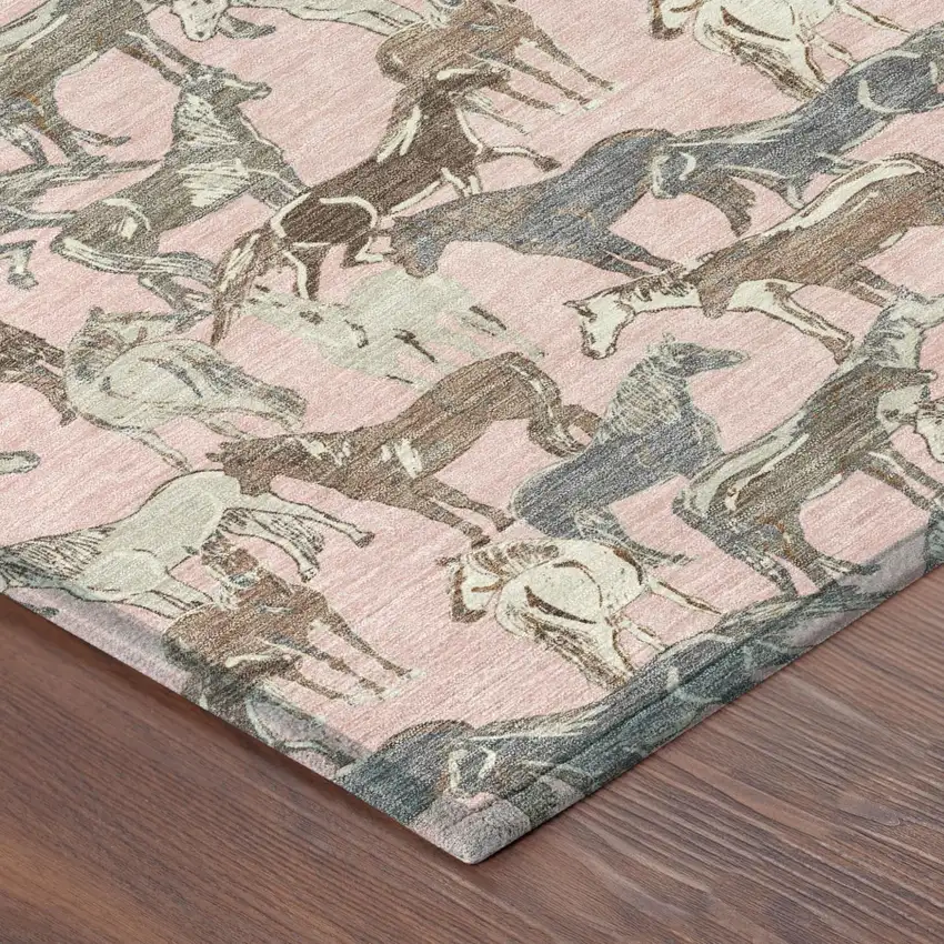 Pink And Gray Horse Washable Indoor Outdoor Area Rug Photo 5
