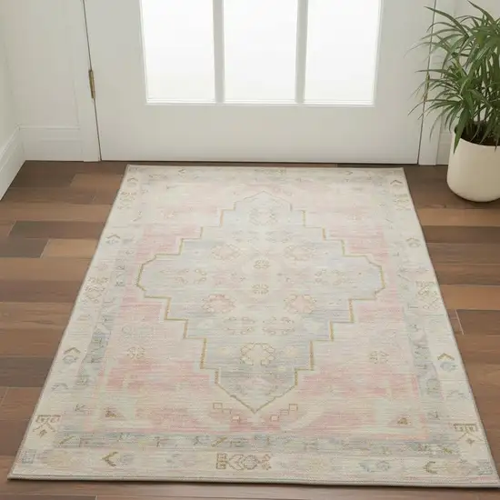 Pink And Gray Medallion Washable Area Rug With UV Protection Photo 2