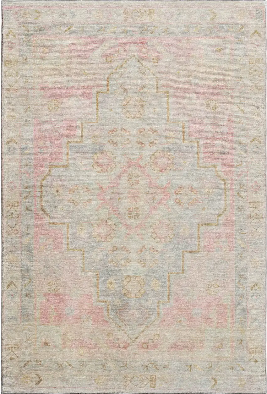 Pink And Gray Medallion Washable Area Rug With UV Protection Photo 1