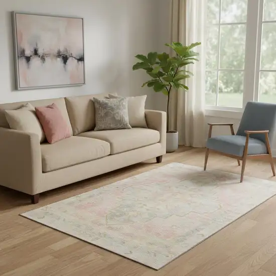 Pink And Gray Medallion Washable Area Rug With UV Protection Photo 2