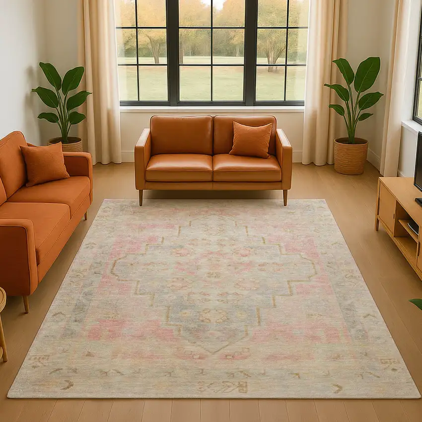 Pink And Gray Medallion Washable Area Rug With UV Protection Photo 5