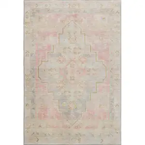 Photo of Pink And Gray Medallion Washable Area Rug With UV Protection