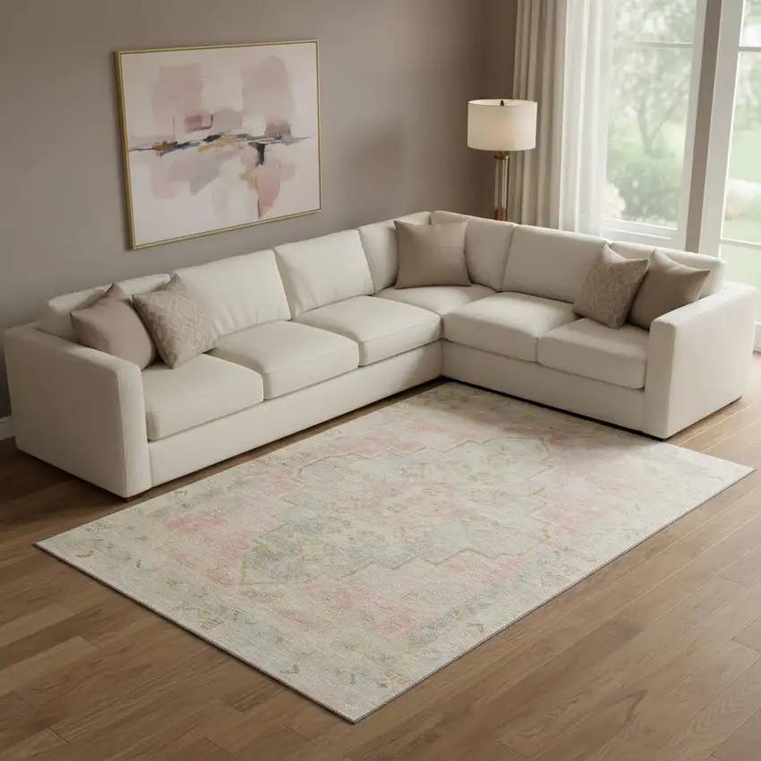 Pink And Gray Medallion Washable Area Rug With UV Protection Photo 2