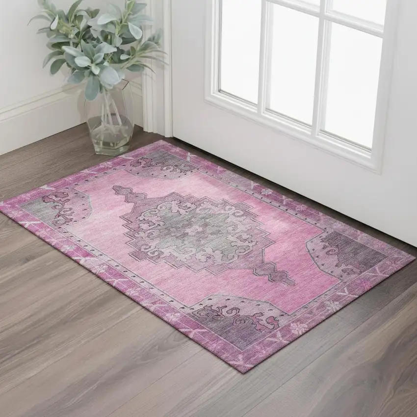 Pink And Gray Oriental Washable Area Rug With UV Protection Photo 2