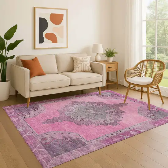 Pink And Gray Oriental Washable Area Rug With UV Protection Photo 4