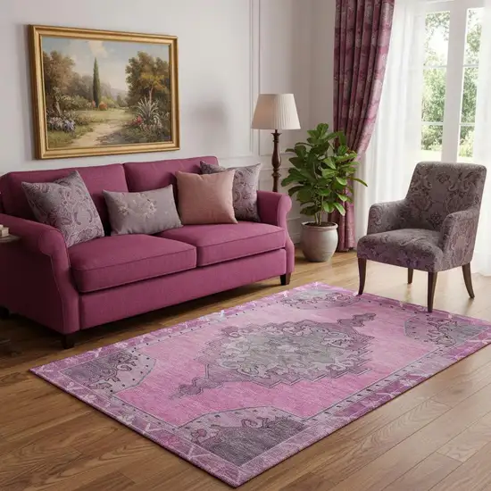 Pink And Gray Oriental Washable Area Rug With UV Protection Photo 2