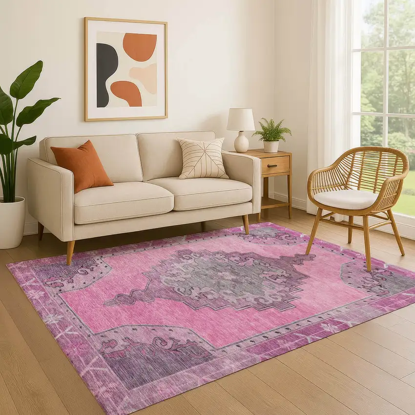 Pink And Gray Oriental Washable Area Rug With UV Protection Photo 4