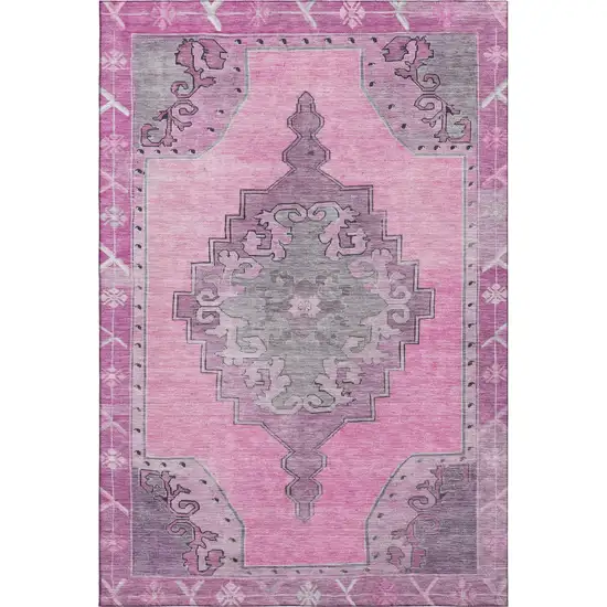 Pink And Gray Oriental Washable Area Rug With UV Protection Photo 1