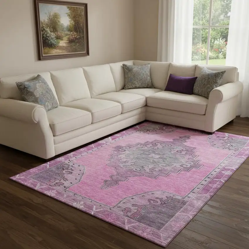 Pink And Gray Oriental Washable Area Rug With UV Protection Photo 2
