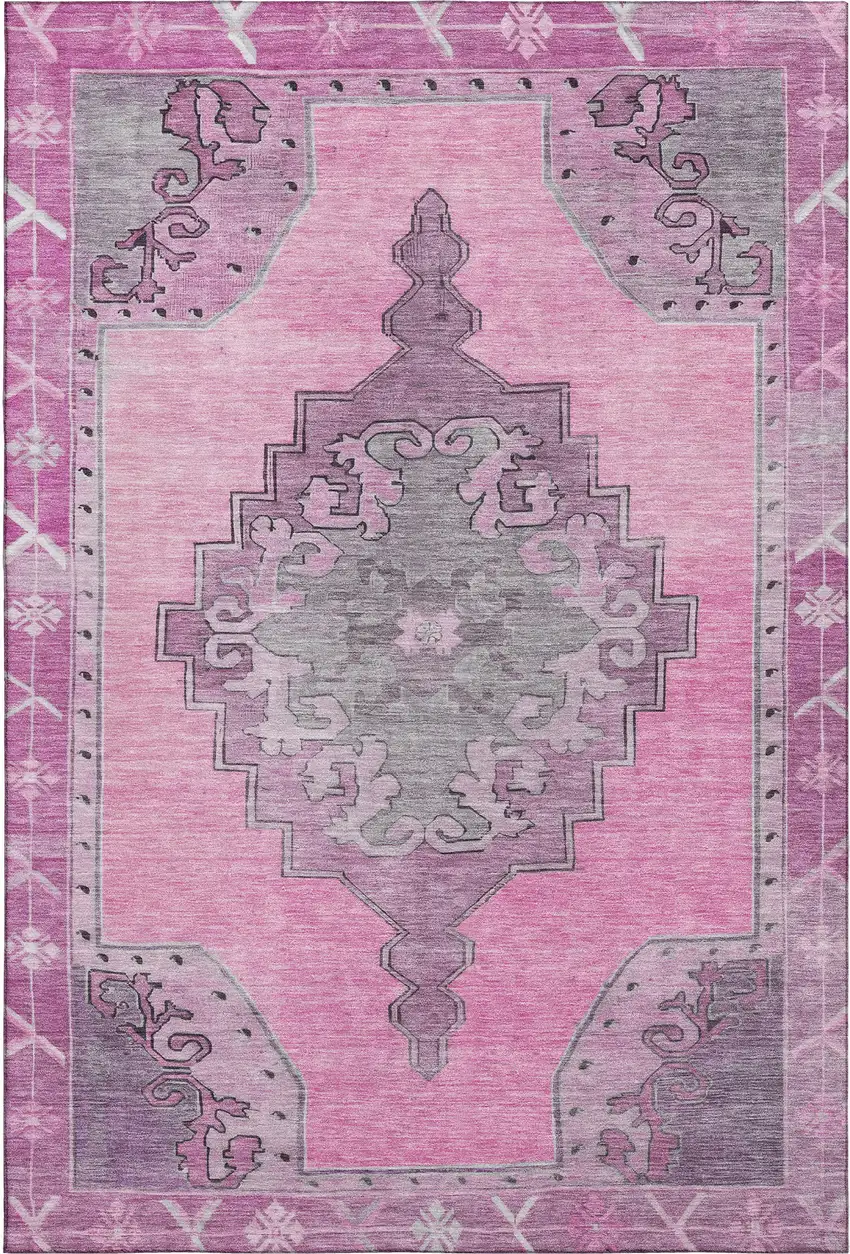 Pink And Gray Oriental Washable Area Rug With UV Protection Photo 1