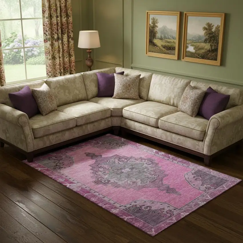 Pink And Gray Oriental Washable Area Rug With UV Protection Photo 2