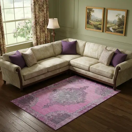 Pink And Gray Oriental Washable Area Rug With UV Protection Photo 2