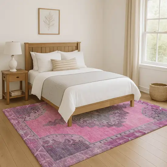 Pink And Gray Oriental Washable Area Rug With UV Protection Photo 5