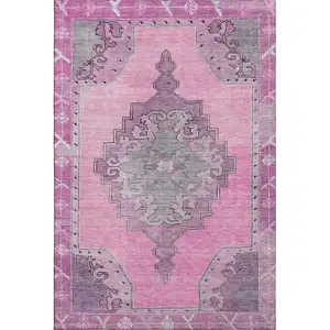 Photo of Pink And Gray Oriental Washable Area Rug With UV Protection