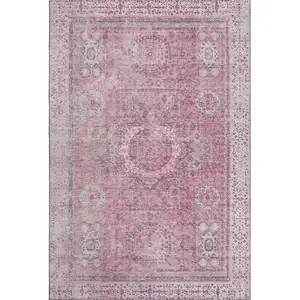 Photo of Pink And Gray Oriental Washable Area Rug With UV Protection