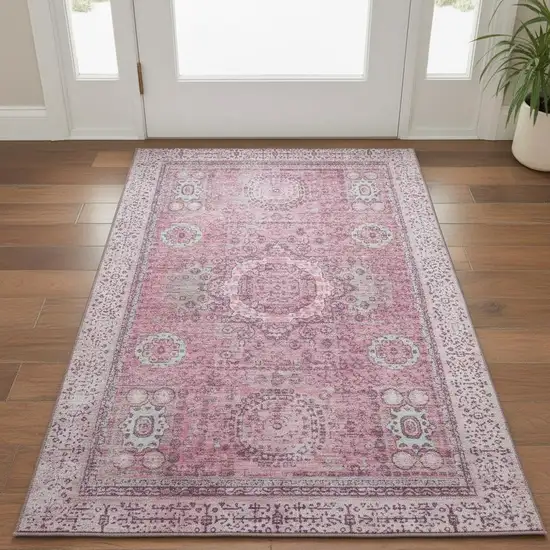 Pink And Gray Oriental Washable Area Rug With UV Protection Photo 2