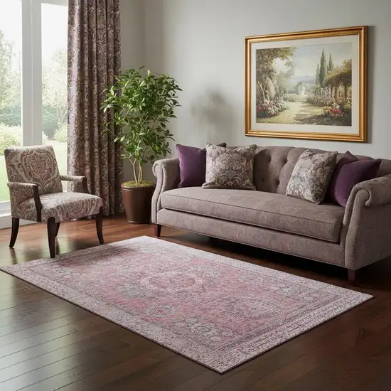 Pink And Gray Oriental Washable Area Rug With UV Protection Photo 2