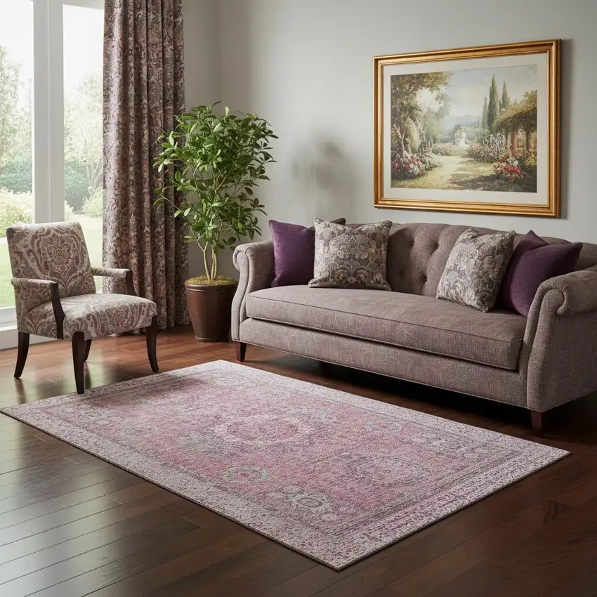 Pink And Gray Oriental Washable Area Rug With UV Protection Photo 2