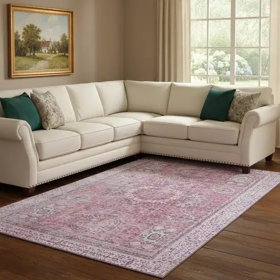 Pink And Gray Oriental Washable Area Rug With UV Protection Photo 2