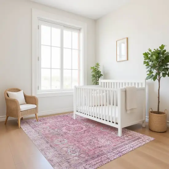 Pink And Gray Oriental Washable Area Rug With UV Protection Photo 5