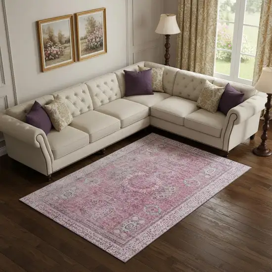 Pink And Gray Oriental Washable Area Rug With UV Protection Photo 2