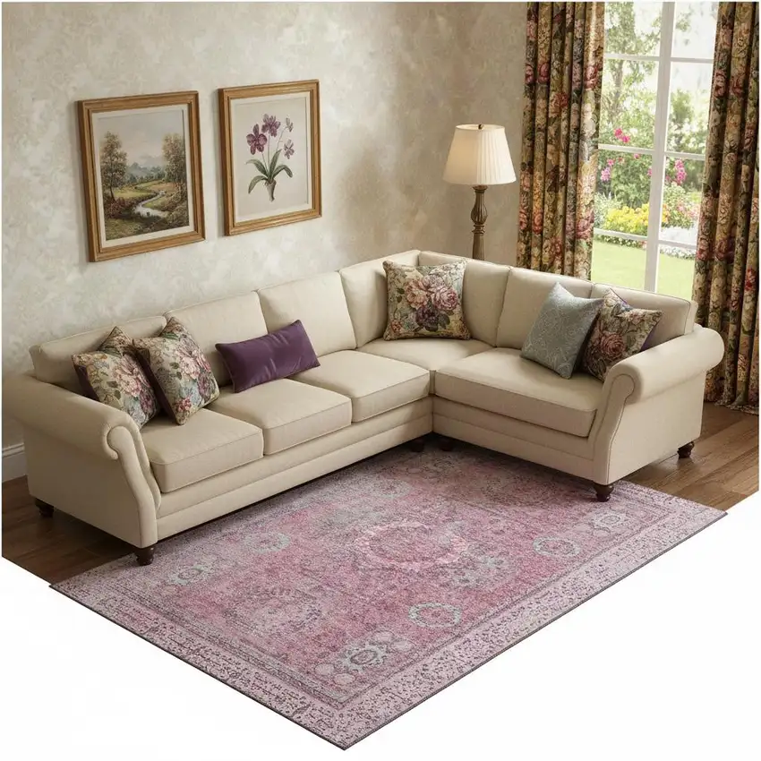 Pink And Gray Oriental Washable Area Rug With UV Protection Photo 2