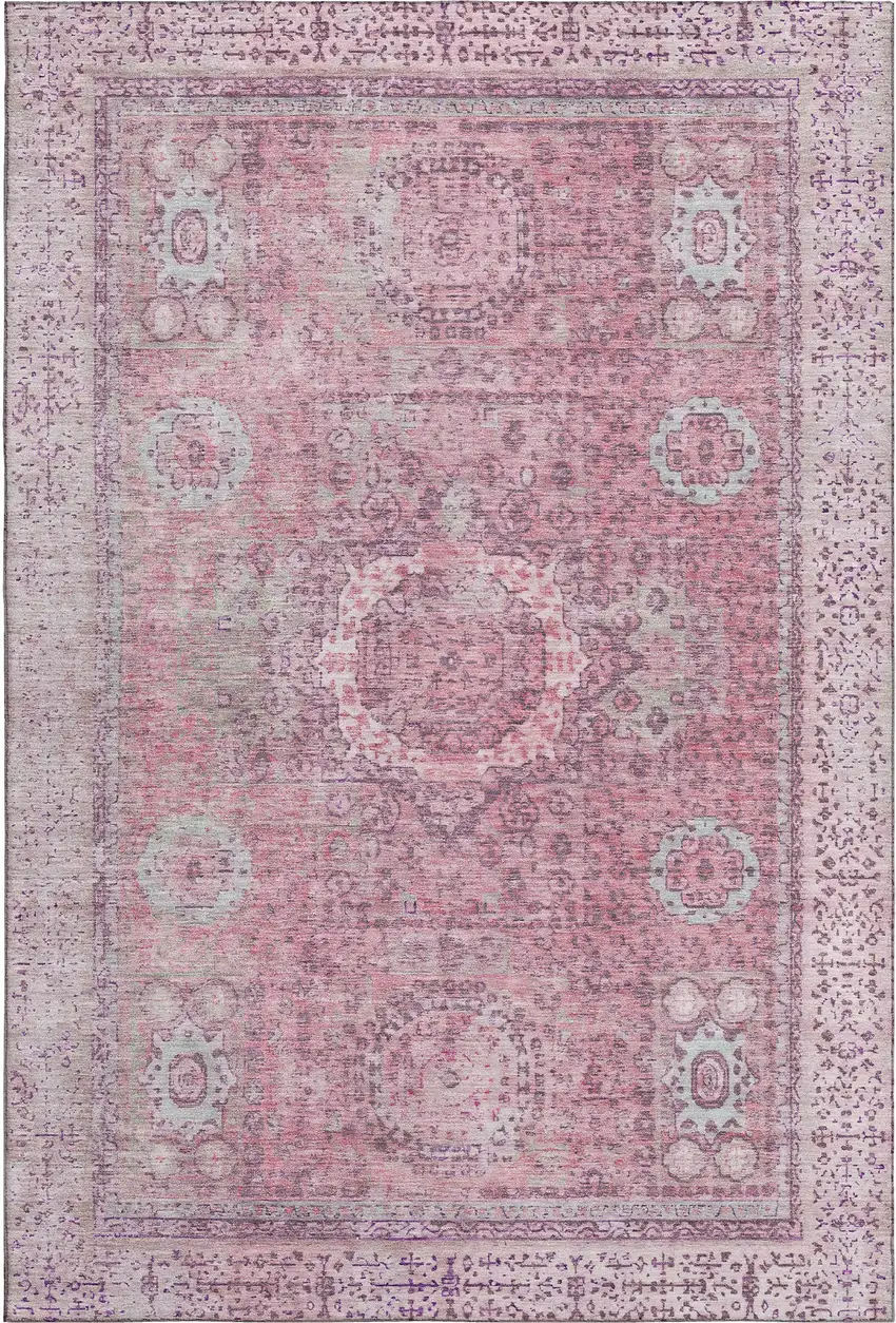 Pink And Gray Oriental Washable Area Rug With UV Protection Photo 1