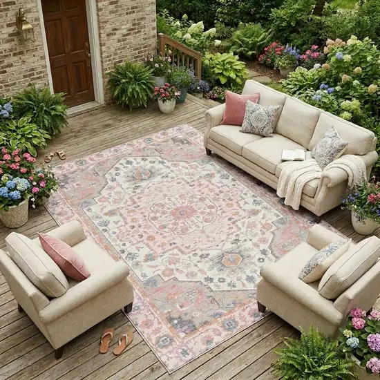 Pink And Gray Oriental Washable Indoor Outdoor Area Rug Photo 1