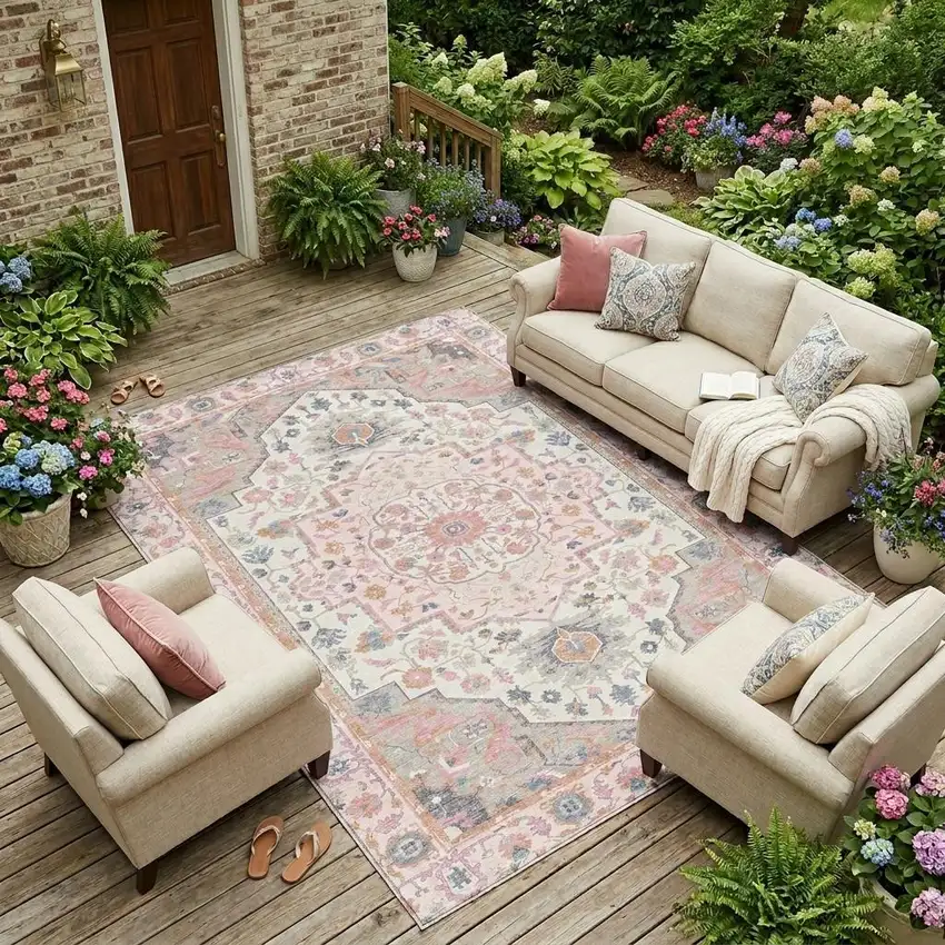 Pink And Gray Oriental Washable Indoor Outdoor Area Rug Photo 1
