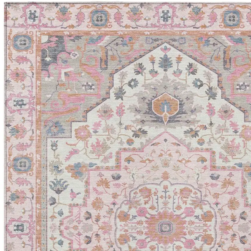 Pink And Gray Oriental Washable Indoor Outdoor Area Rug Photo 5