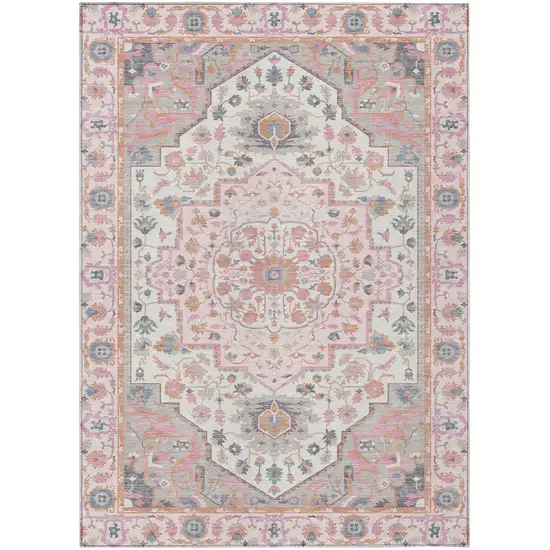 Pink And Gray Oriental Washable Indoor Outdoor Area Rug Photo 2