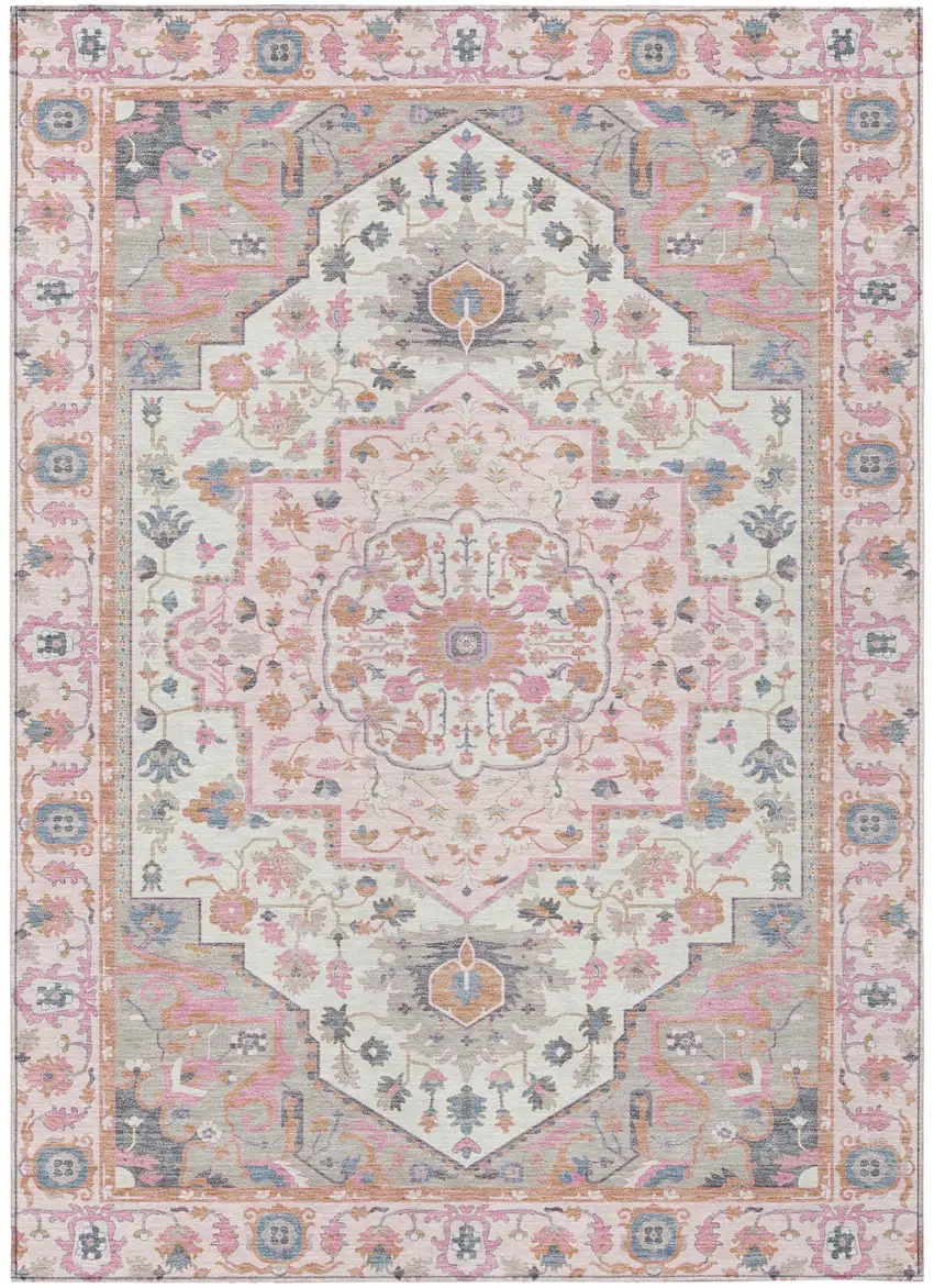 Pink And Gray Oriental Washable Indoor Outdoor Area Rug Photo 2